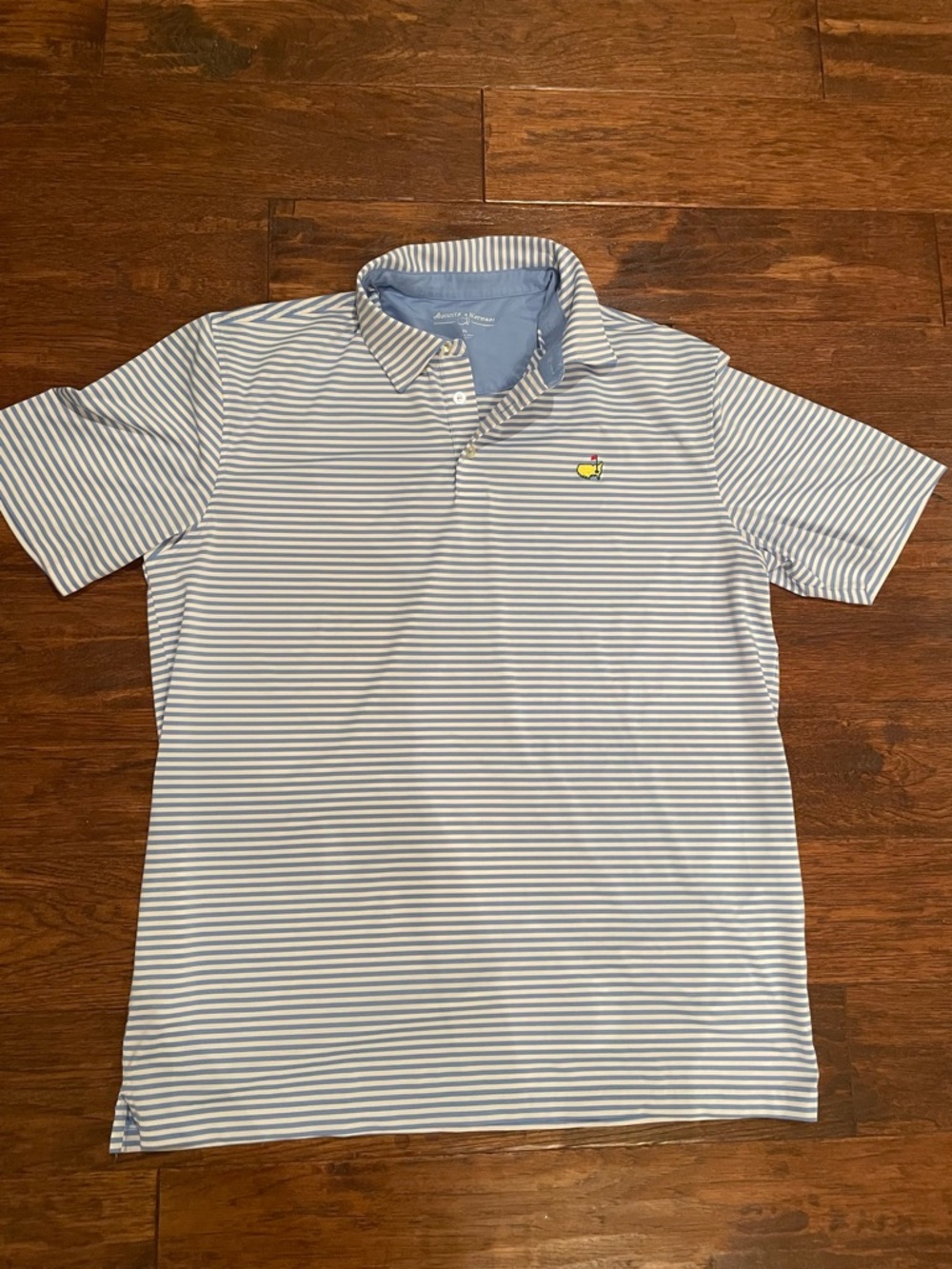 Master’s Men’s Light Blue & White Striped Performance Polo with Yellow Logo